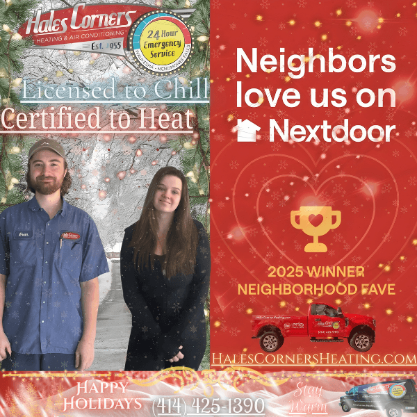 Holiday-themed graphic featuring Hales Corners Heating & Air Conditioning branding with text “Licensed to Chill, Certified to Heat,” Nextdoor Neighborhood Fave 2025 badge, and company contact details. Promotes expert furnace installation, boiler repair, and heat pump services for Wisconsin homes.